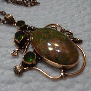 Gorgeous UNAKITE & PERIDOT Handmade COPPER Pendant/Chain #881C